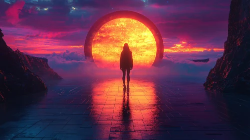 Luminous Portal and Silhouette in Surreal Sunset