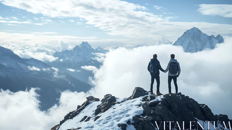 Two Friends on Mountain Peak AI Image