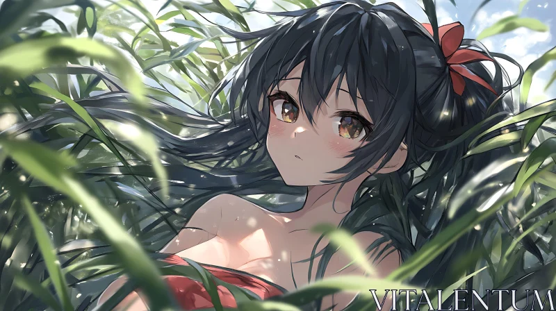 Anime Girl with Red Ribbon Resting in Nature AI Image