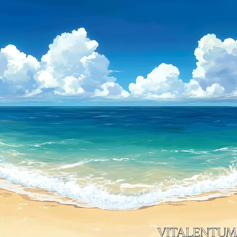 AI ART Seascape with White Clouds and Beach