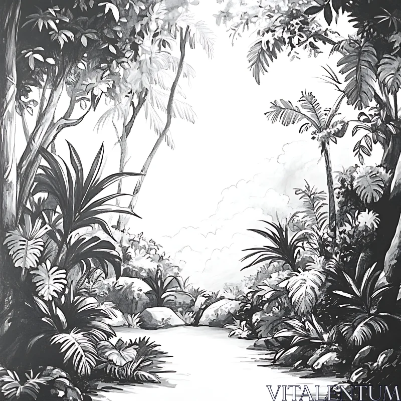 Black and White Tropical Jungle Illustration AI Image