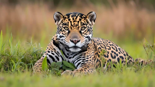 Jaguar Lounging in Green Meadow