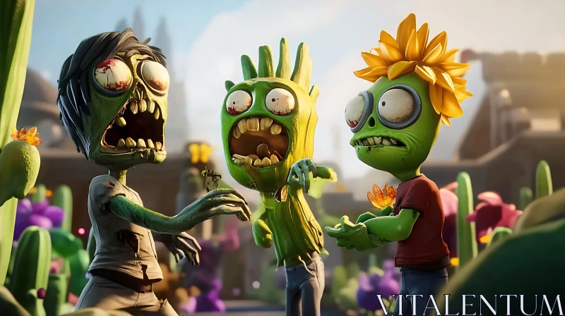 AI ART Cartoon Zombies in a Garden Setting