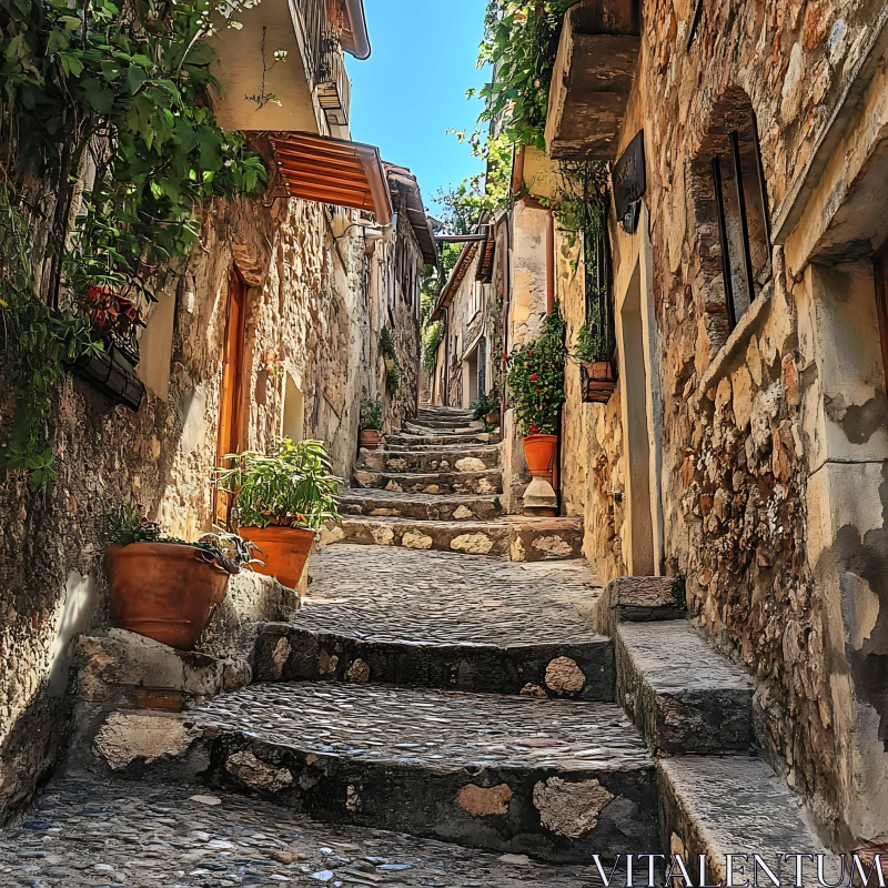 Rustic Mediterranean Alley with Stone Staircase AI Image