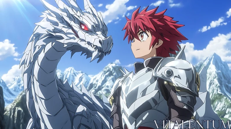 Anime Knight with Red Hair and White Dragon AI Image