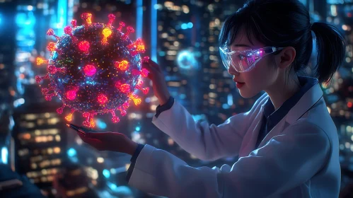 Lab Innovation: Scientist Analyzing Virus Model