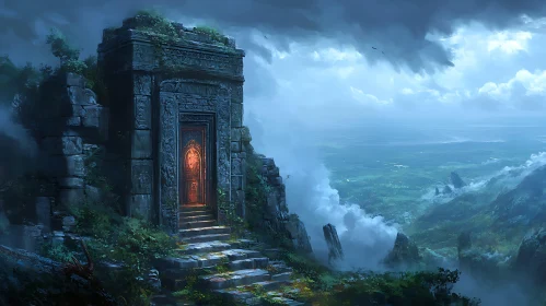 Mystical Temple Doorway Overlooking Verdant Valley