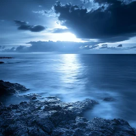 Blue Seascape with Clouds and Rocks