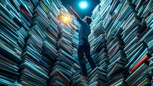 Man Reaching Star Amidst Paper Stacks