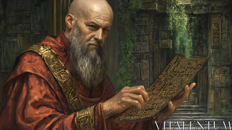 Old Man Reading Ancient Script AI Image