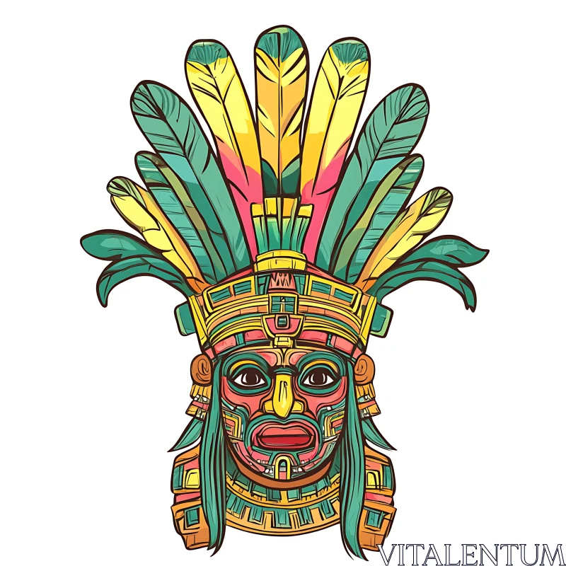 Stylized Aztec Mask with Feather Headdress AI Image