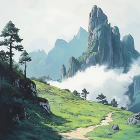 Tranquil Mountain Vista with Green Meadow