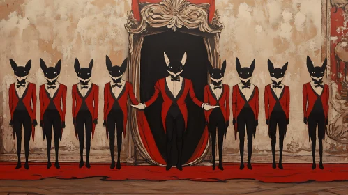 Red and Black Surreal Figures Painting