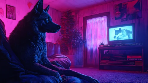 Neon Glow: Wolf Watching TV in Cozy Room