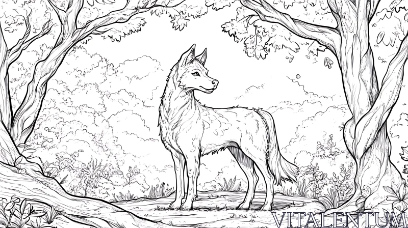 Detailed Wolf Sketch in Woodland Scene AI Image