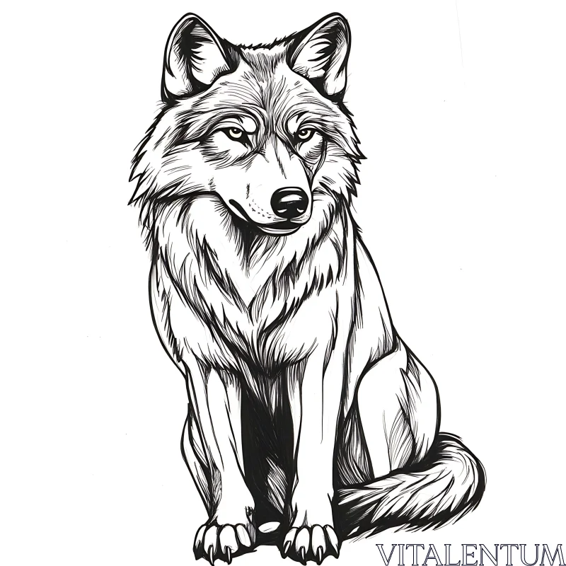 Sitting Wolf Detailed Line Art Illustration AI Image