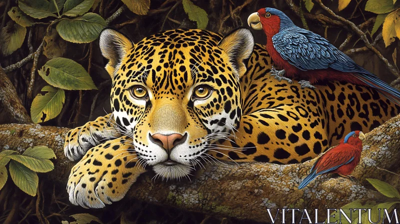 Wildlife Portrait: Jaguar with Birds AI Image