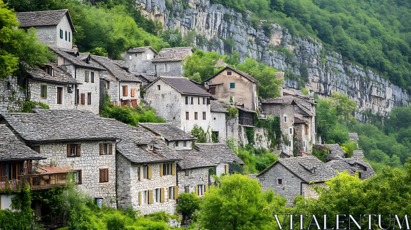 AI ART Charming Village with Stone Houses and Green Hills