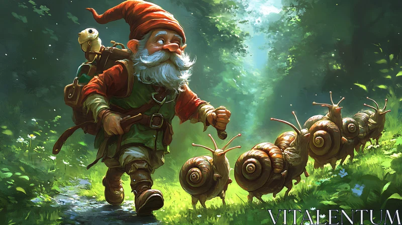 AI ART Forest Gnome Leading Snail Procession