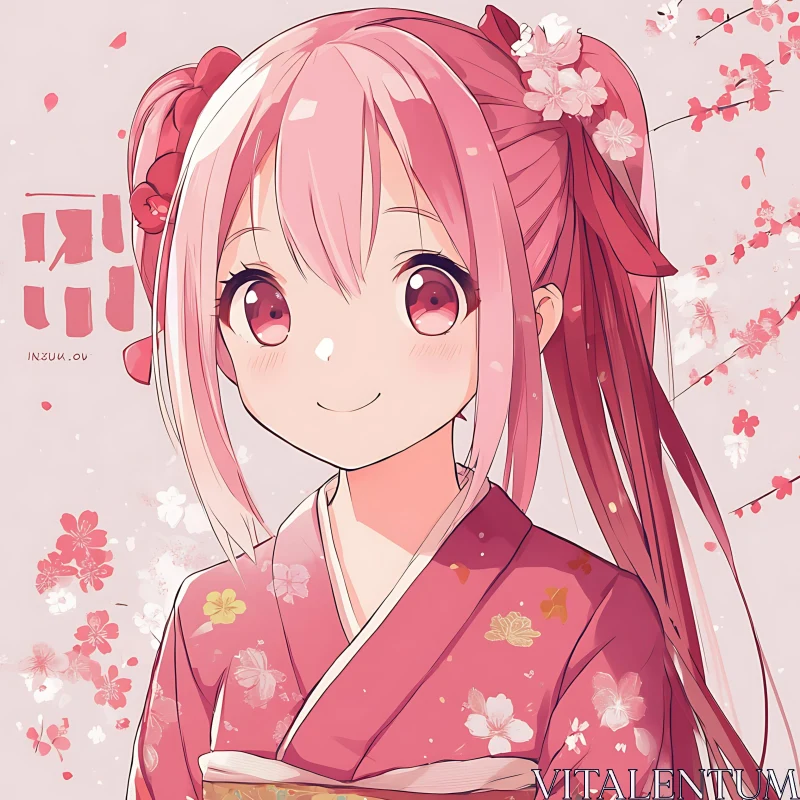 Adorable Pink-Haired Anime Girl in Floral Kimono AI Image