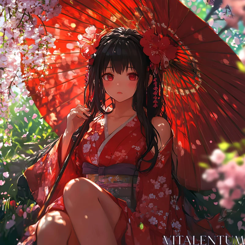 Japanese Culture Anime Art - Kimono and Blossoms AI Image