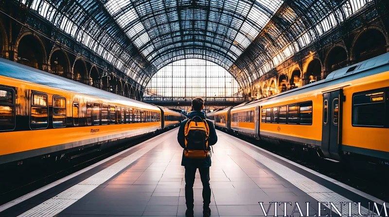 AI ART Man with Backpack at Train Station