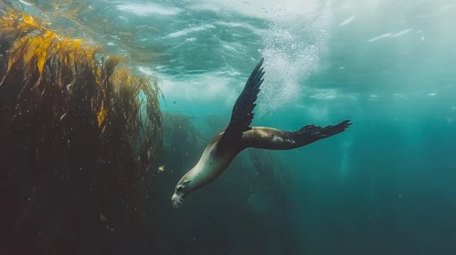 Underwater Sea Lion with Kelp Forest