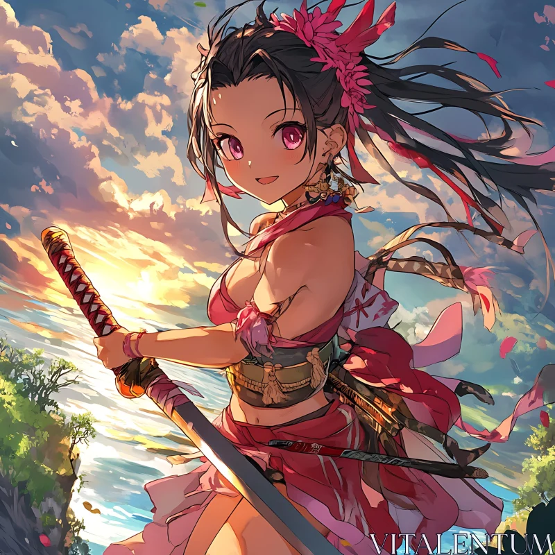 Sunset Anime Warrior with Flower Adorned Hair AI Image