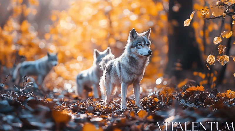 Wolf Pack in the Fall Woods AI Image