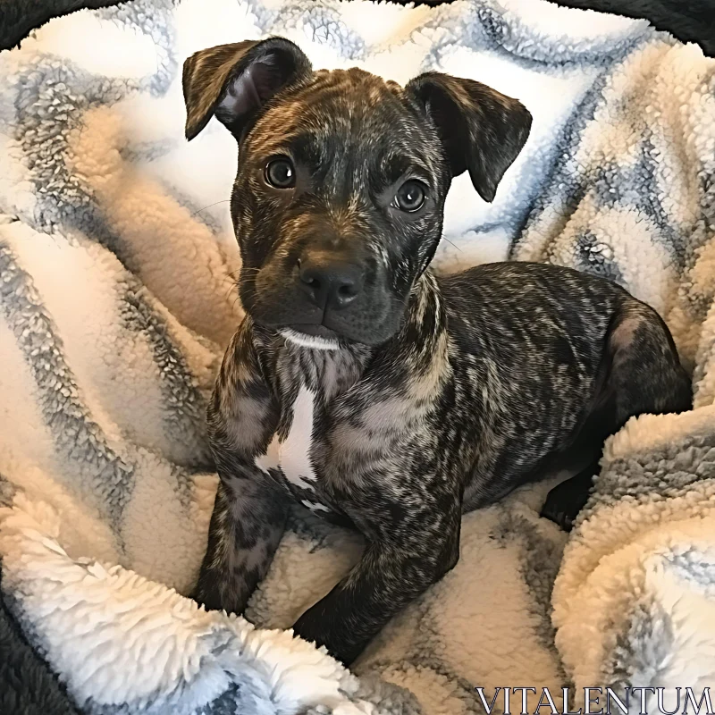 Cute Brindle Puppy Snuggled in Plush Blanket AI Image