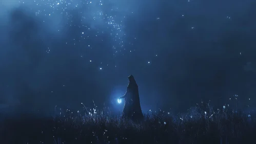 Cloaked Figure Under Starry Skies