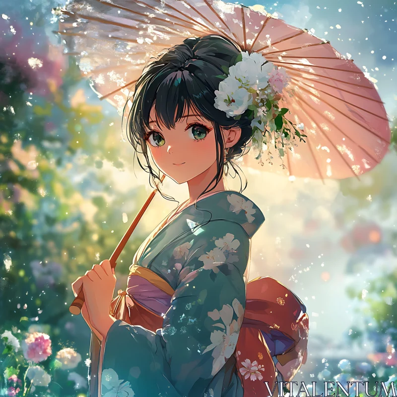 Anime Girl in Floral Kimono with Parasol AI Image