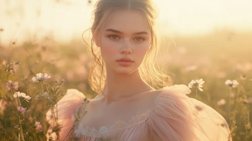 Young Woman in Field of Wildflowers at Golden Hour