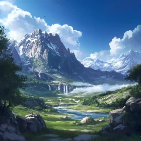 Picturesque Mountain Valley with Cascading Waterfall