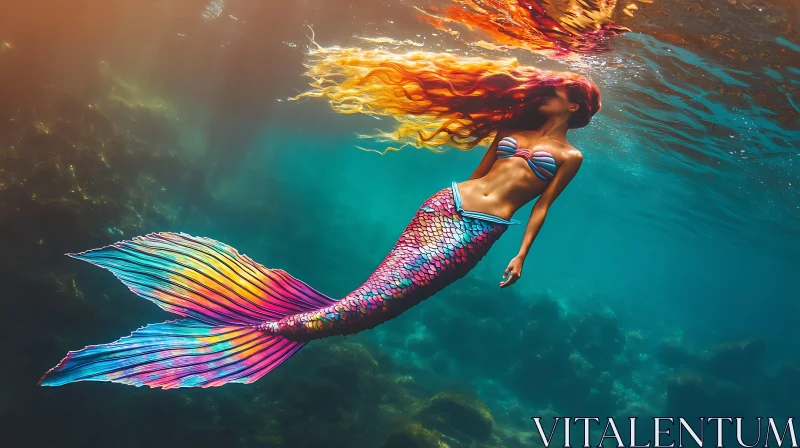 AI ART Colorful Mermaid Swimming in Ocean Depths