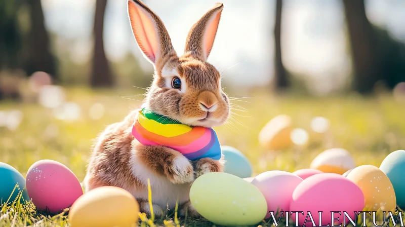 AI ART Easter Bunny with Rainbow Scarf