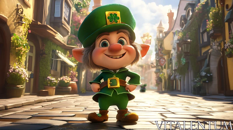 Smiling Leprechaun in Town Illustration AI Image