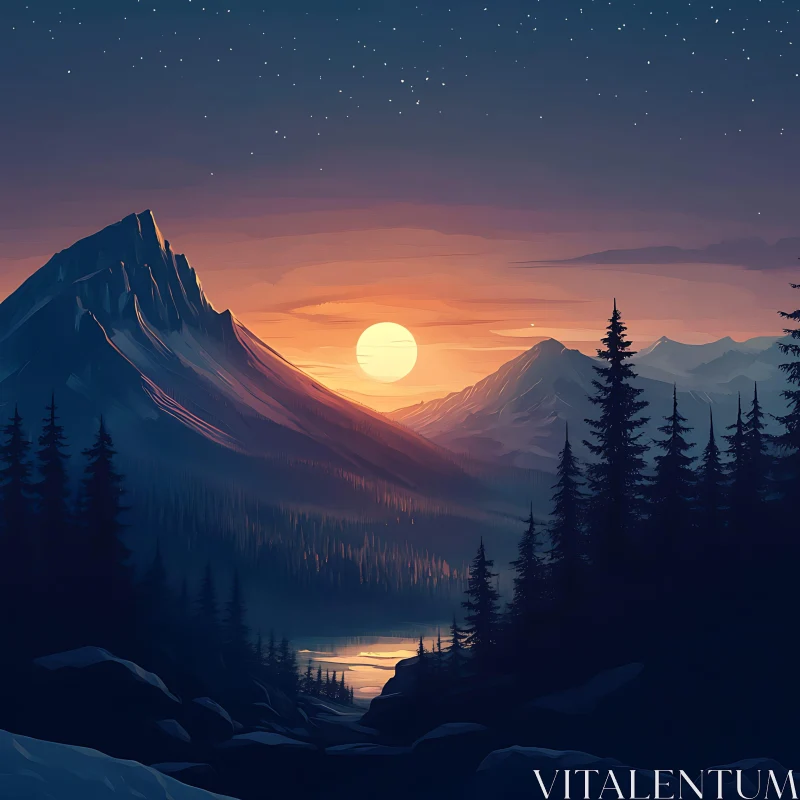 Peaceful Mountain Sunset Landscape AI Image