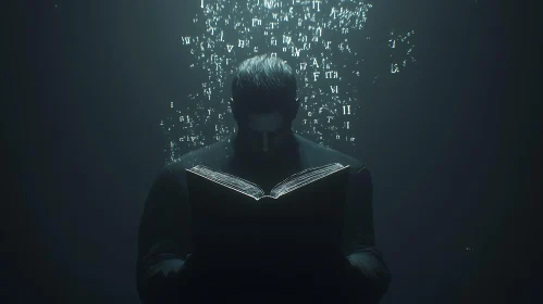 Man Reading Book With Floating Letters