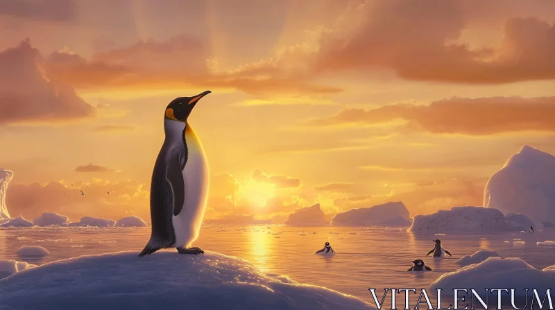 AI ART Golden Antarctic Sunset with Penguin