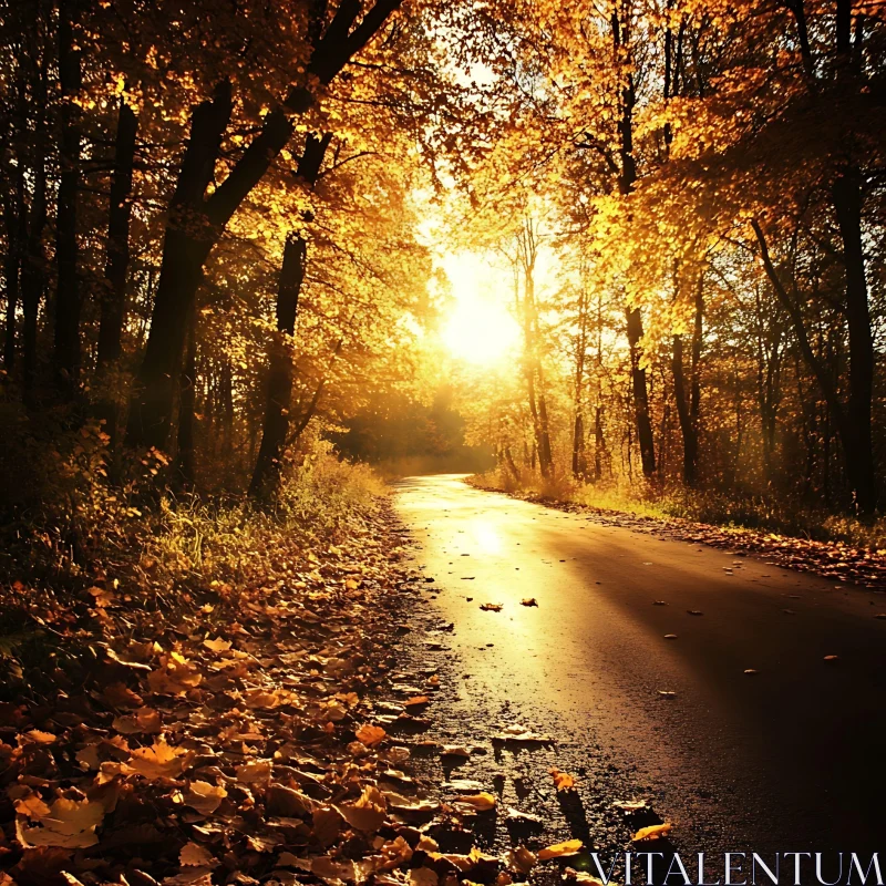 Autumn Forest Road with Sunlight AI Image
