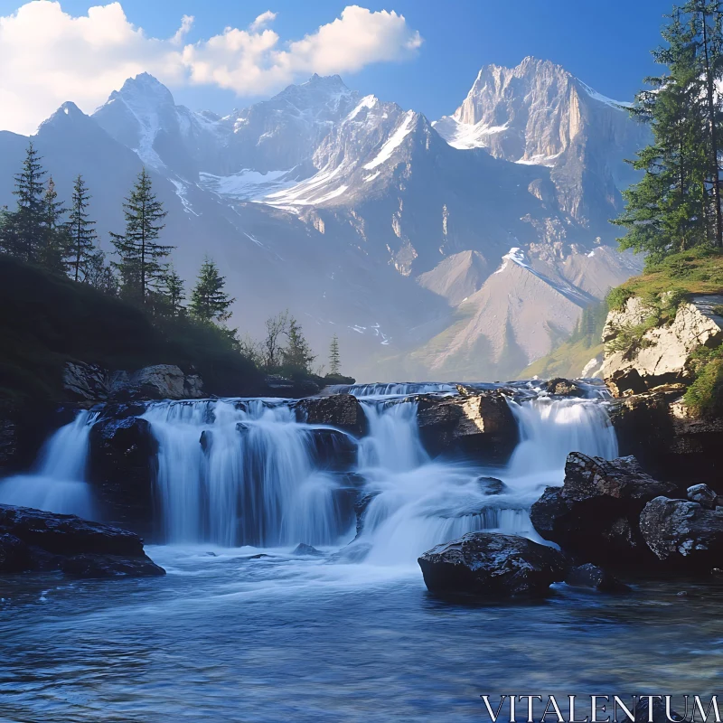 Cascading Waterfall with Mountain Backdrop AI Image