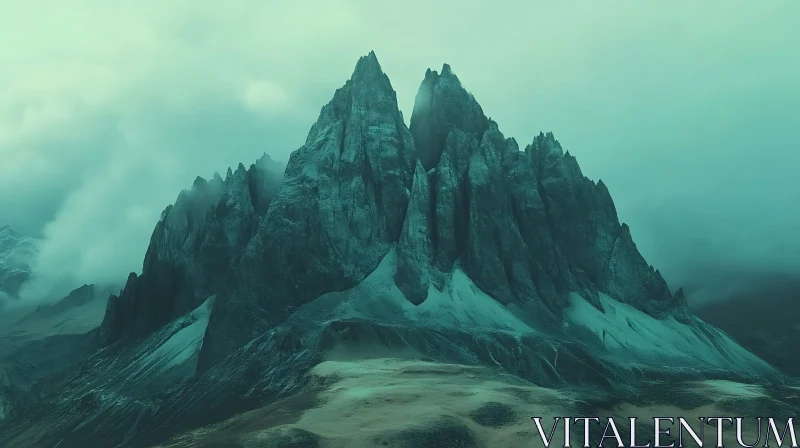 AI ART Teal Mountain Peaks in Mist