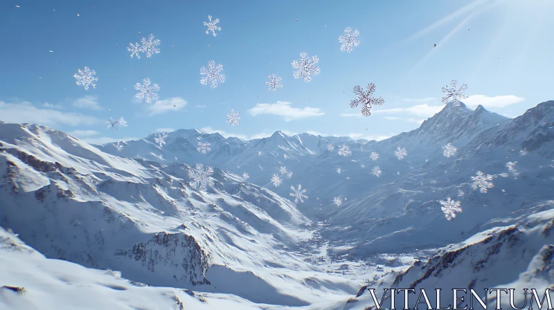 Snowy Peaks and Gentle Falling Snowflakes AI Image