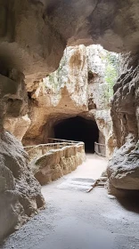 Enigmatic Cave Entrance with Stone Pathway and Railings