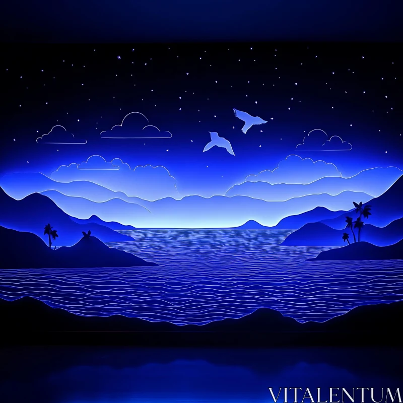 Night Seascape with Birds AI Image