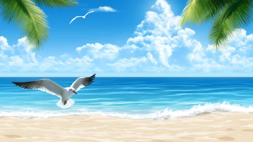 Seagull Flying Over Tropical Beach