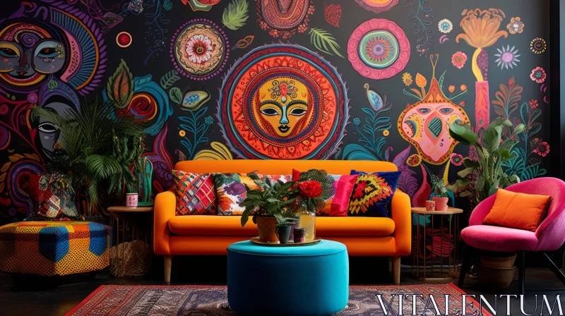 Psychedelic Bohemian Living Room Inspired by Mexican Folklore AI Image