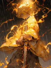 Fiery Anime Samurai in the Rain