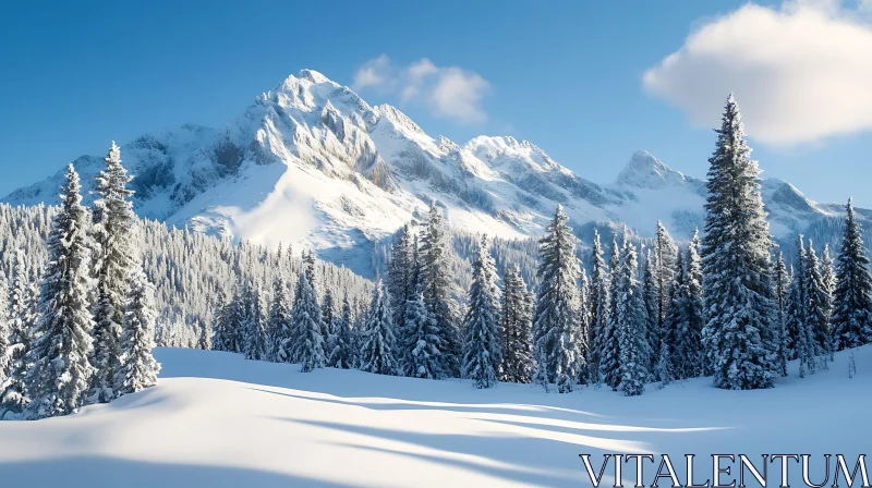 Snowy Mountain Landscape with Pine Forest AI Image